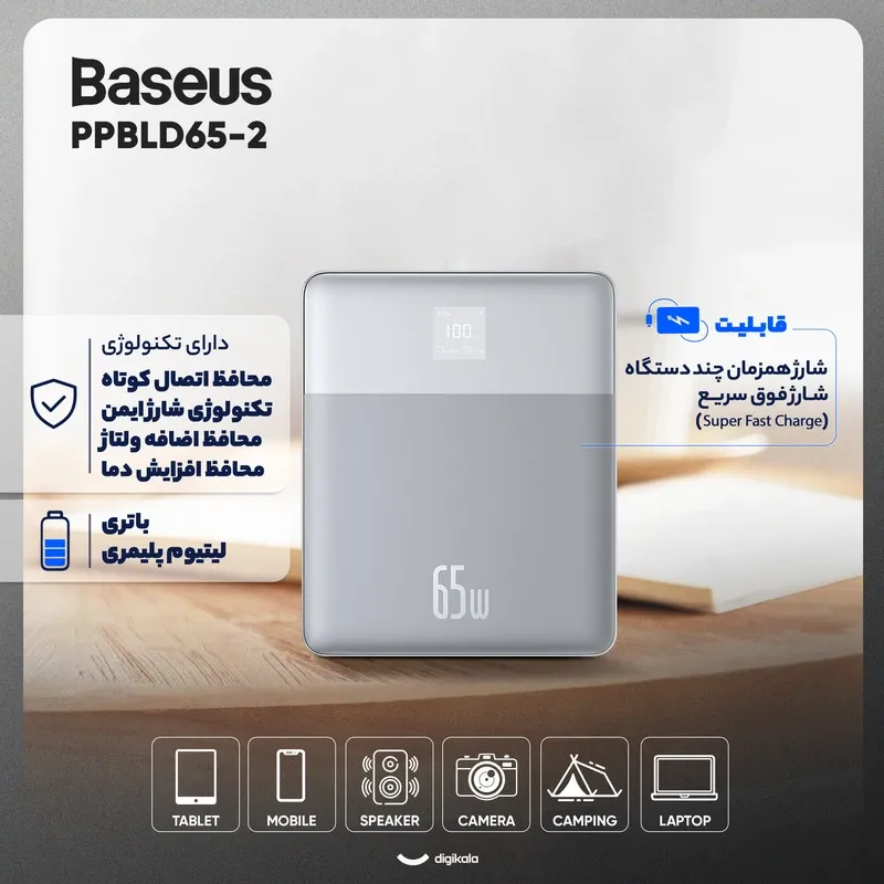 پاوربانک 65 وات بیسوس مدل PPBLD2-65 ظرفیت 12000 میلی‌آمپر ساعت