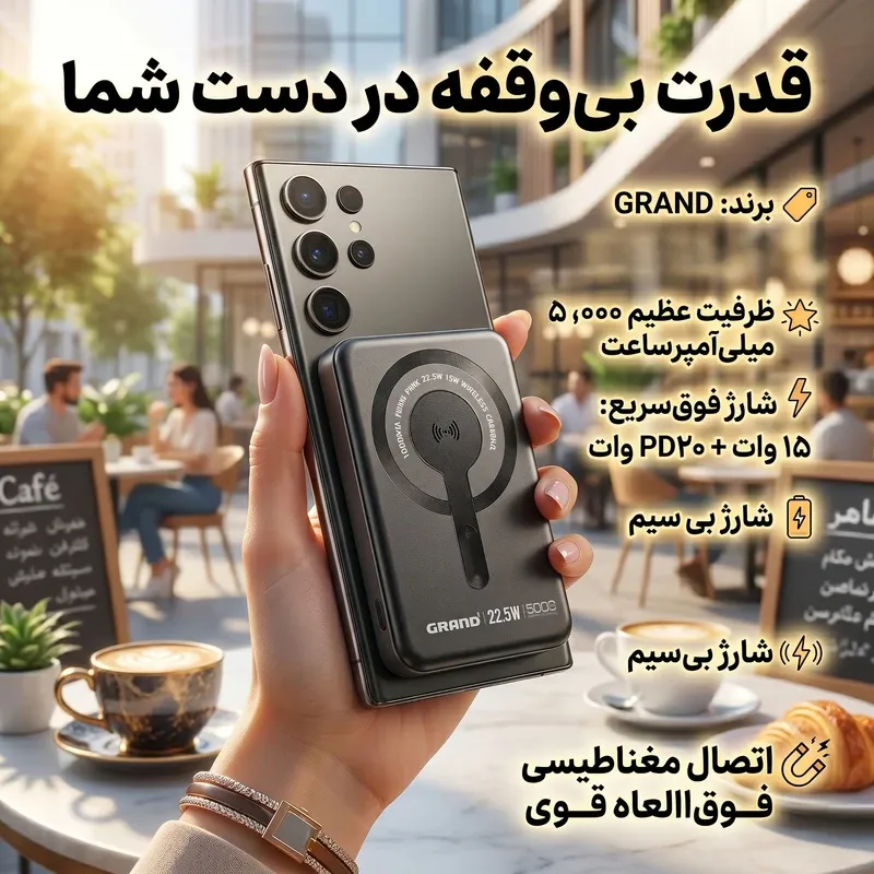 پاوربانک بی‌سیم 22.5 وات گرند اسکای مدل مگ سیف GPW-05 ظرفیت 5000 میلی‌ آمپرساعت