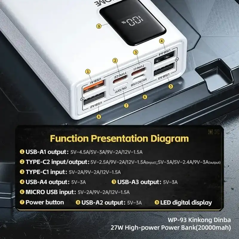 پاوربانک ویکام مدل WP 93 27W Super fast ظرفیت 20000 میلی آمپر ساعت