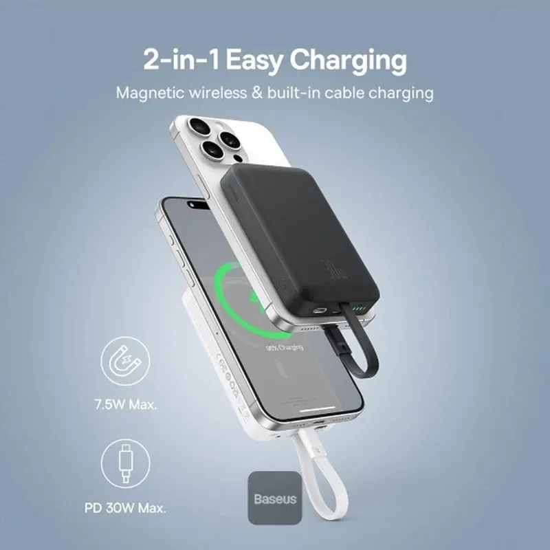 پاوربانک بی‌سیم 30 وات باسئوس مدل Magnetic Mini ظرفیت 10000 میلی آمپر ساعت