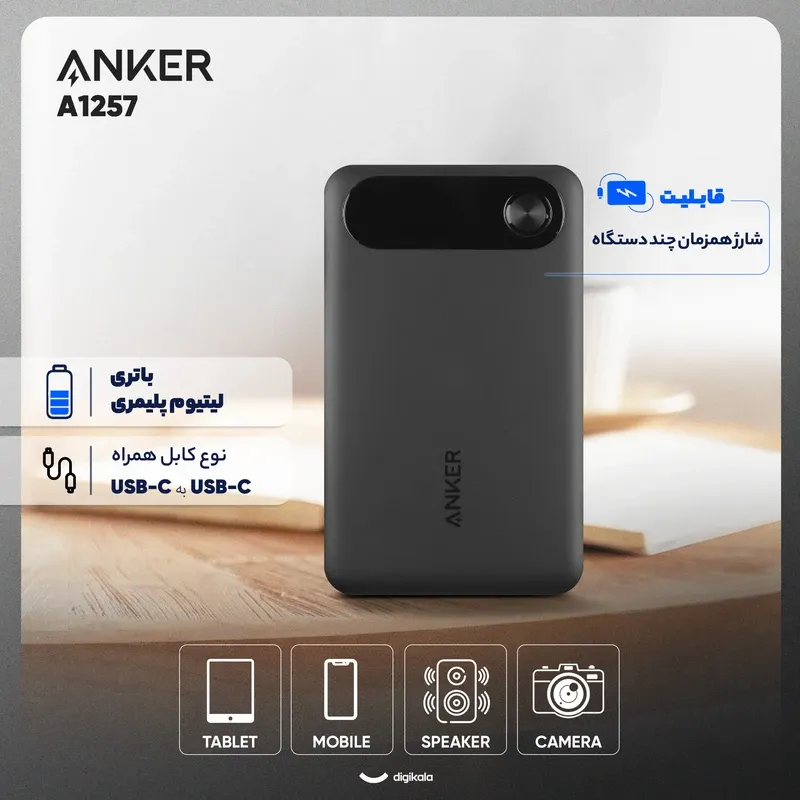 پاوربانک 22.5 وات انکر مدل A1257 ظرفیت 10000 میلی آمپر ساعت به همراه کابل USB-C