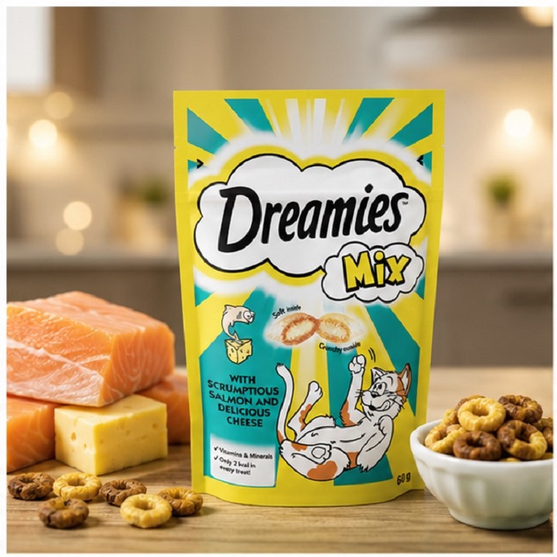 تشویقی دریمیز گربه با طعم ماهی سالمون و پنیر 60 گرم Dreamies Cat Snack