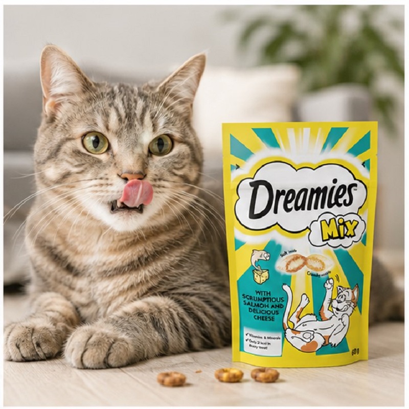 تشویقی دریمیز گربه با طعم ماهی سالمون و پنیر 60 گرم Dreamies Cat Snack