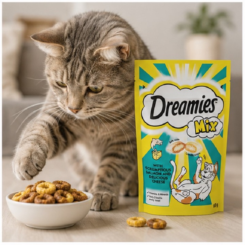 تشویقی دریمیز گربه با طعم ماهی سالمون و پنیر 60 گرم Dreamies Cat Snack