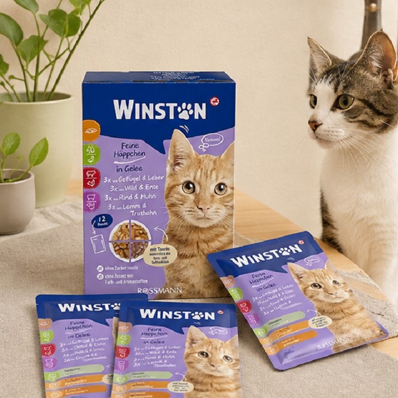 پوچ گربه در طعم های مرغ، جگر، گوشت گاو و بره، اردک وینستون 100 گرم Winston Pouch