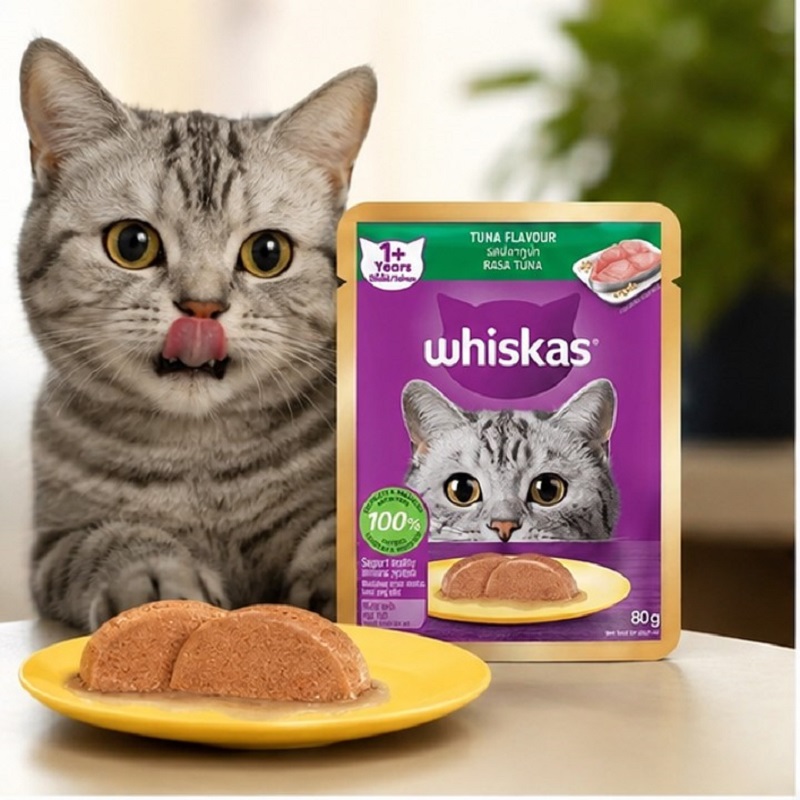 پوچ گربه بالغ با طعم ماهی تن و تکه های ماهی ویسکاس 80 گرم Whiskas Pouch