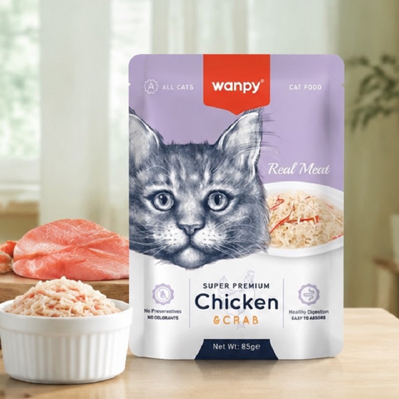 پوچ گربه سوپرپرمیوم ونپی با طعم مرغ و خرچنگ 85 گرم Wanpy Pouch