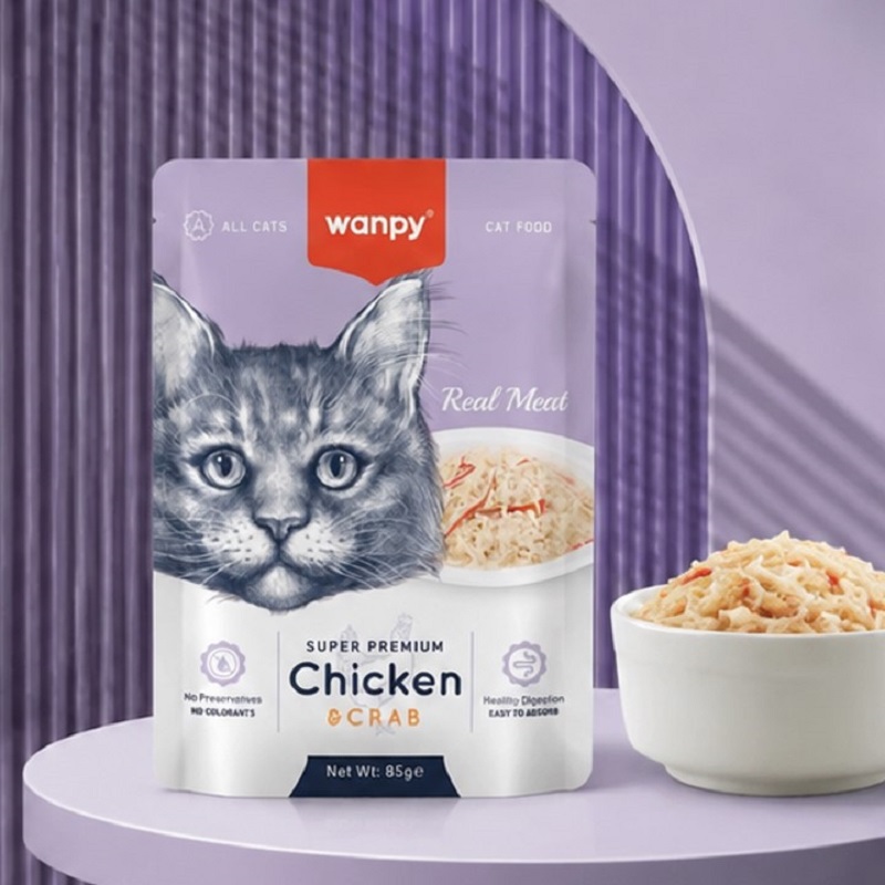 پوچ گربه سوپرپرمیوم ونپی با طعم مرغ و خرچنگ 85 گرم Wanpy Pouch