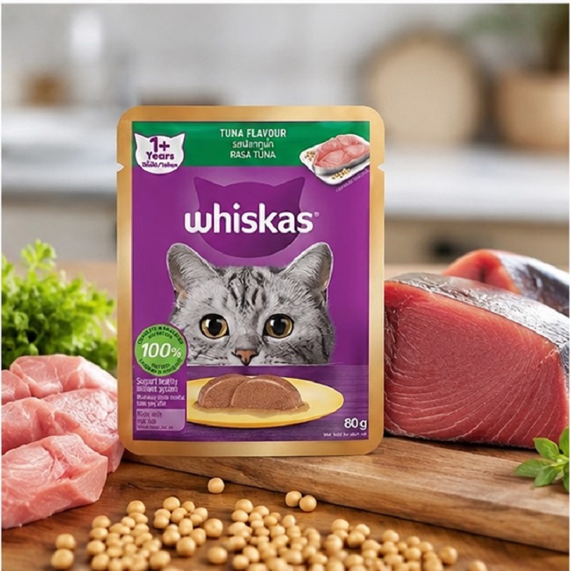 پوچ گربه بالغ با طعم ماهی تن و تکه های ماهی ویسکاس 80 گرم Whiskas Pouch
