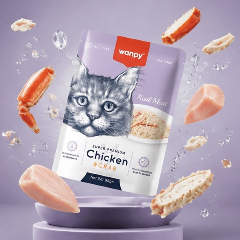 پوچ گربه سوپرپرمیوم ونپی با طعم مرغ و خرچنگ 85 گرم Wanpy Pouch