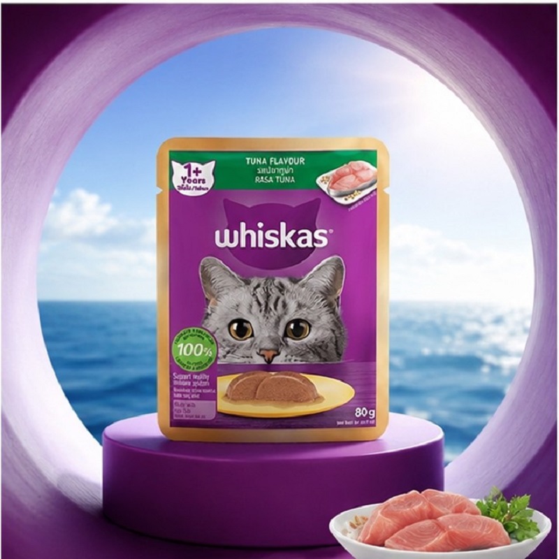 پوچ گربه بالغ با طعم ماهی تن و تکه های ماهی ویسکاس 80 گرم Whiskas Pouch