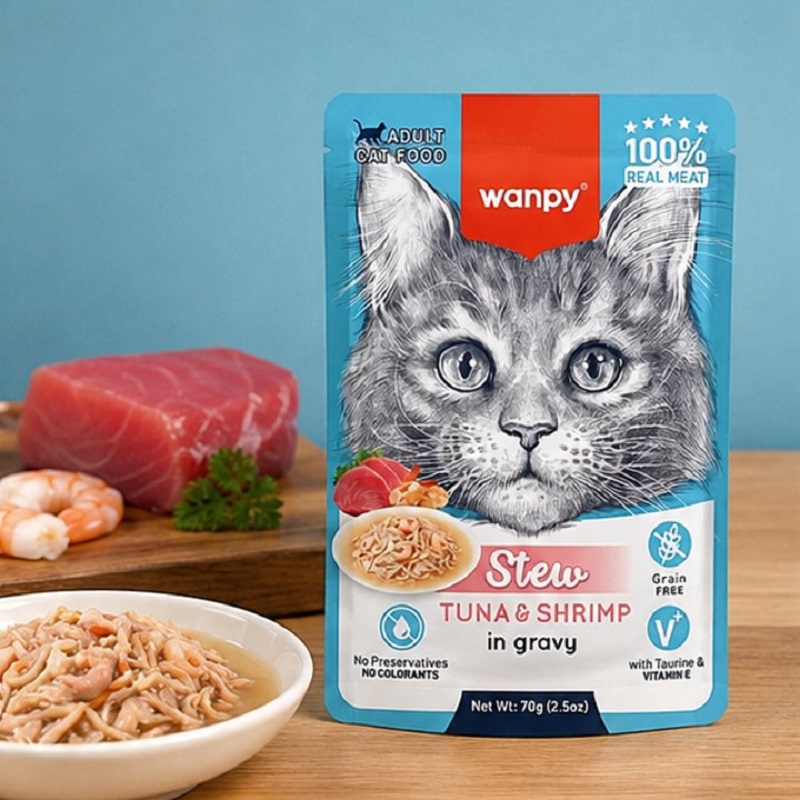 پوچ گربه بالغ با طعم ماهی تن و میگو ونپی 70 گرم Wanpy Pouch