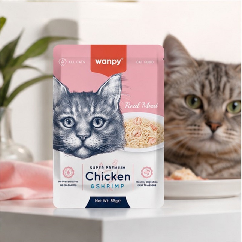 پوچ گربه سوپرپرمیوم ونپی با طعم مرغ و میگو 85 گرم Wanpy Pouch